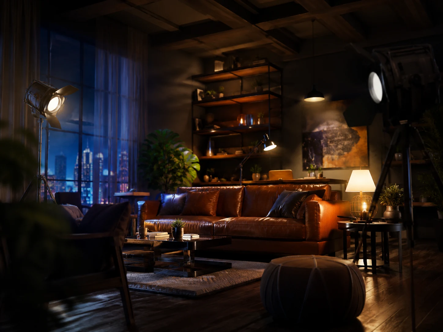 Cinematic rendered interior showing deliberate warm and cool lighting